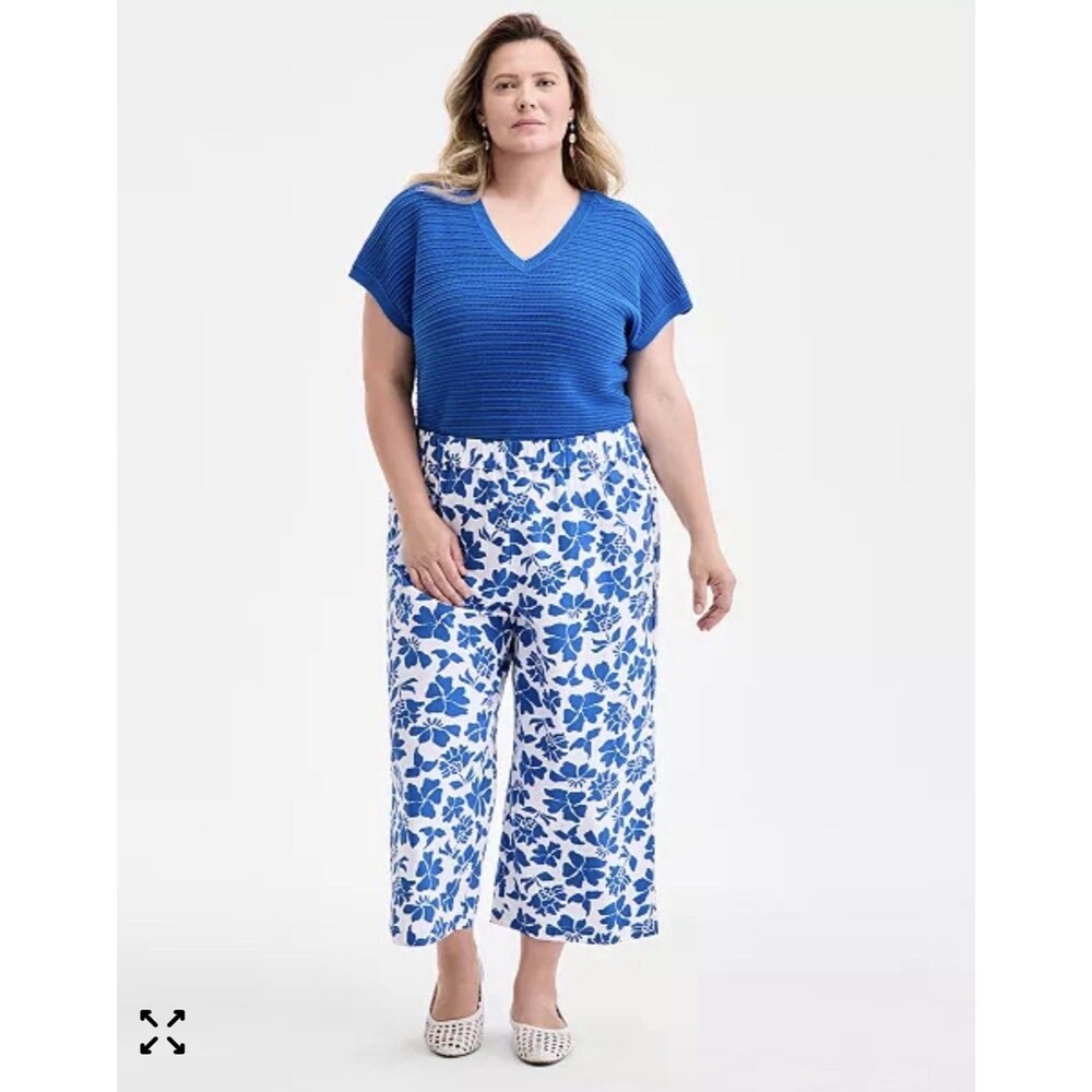 Style & Co Plus Size 3X Wide Leg Pull On Crop Pants Blue White Floral Print NWT